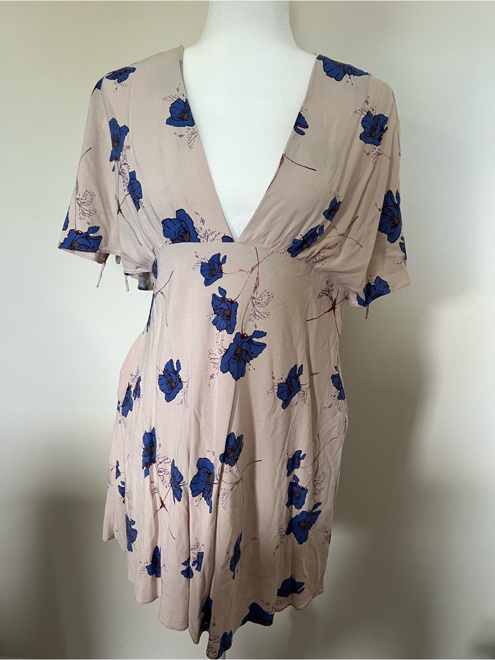 Free People Beige Mini Dress with Blue Floral Print
